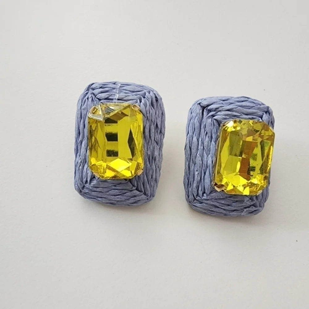 NWT Blue Yellow Raffia Emerald Cut Stone Colorful Rectangle Earrings